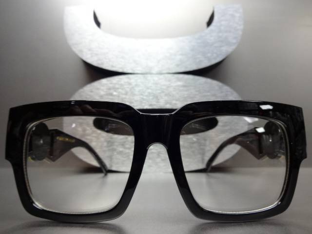 CLASSIC VINTAGE RETRO Clear Lens EYE GLASSES Thick Black Fashion Frame Gold Logo