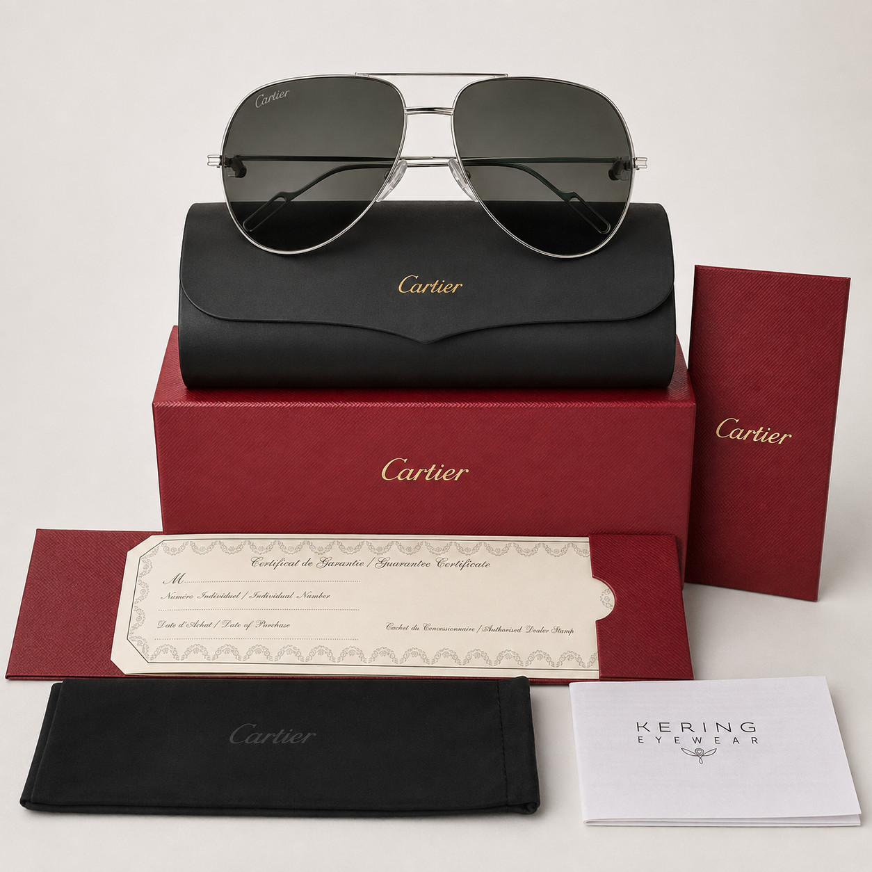Cartier CT0110S 004 Aviator Sunglasses Silver Full Set Made in France