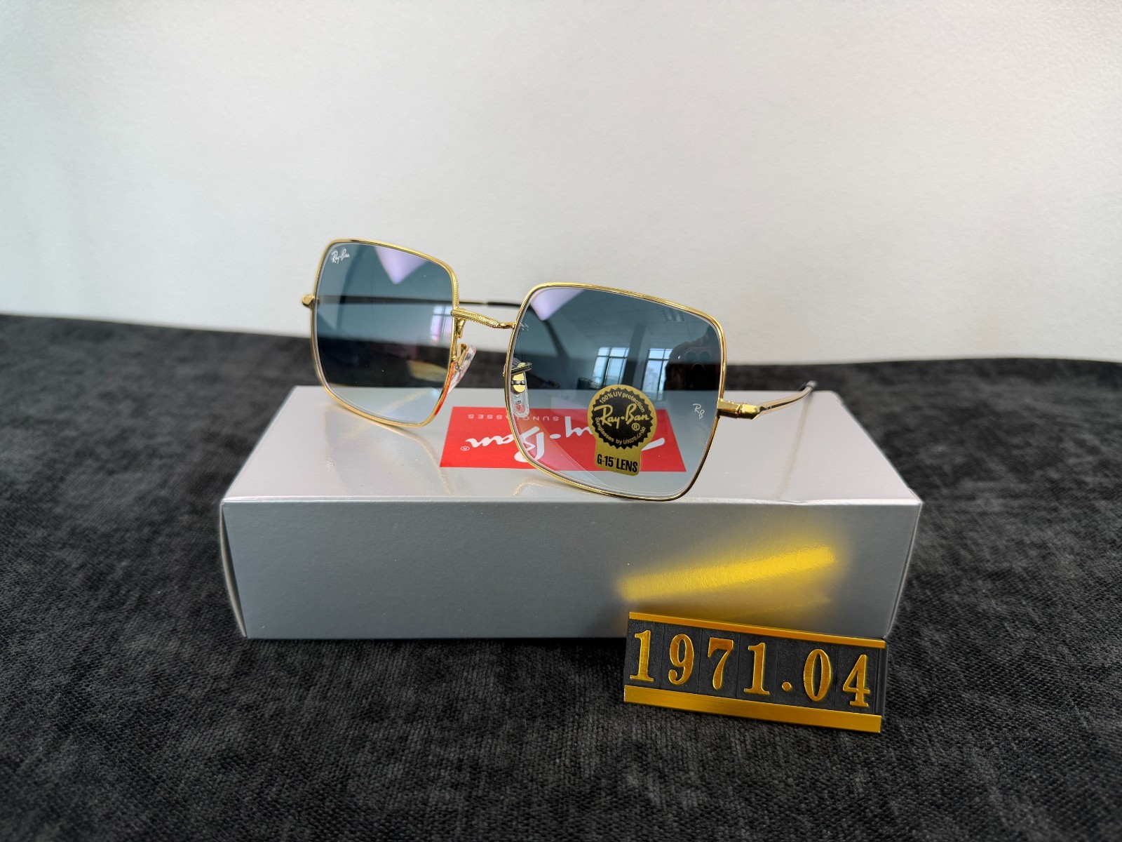 Ray-Ban RB1971 Square Sunglasses, Gold Frame, Blue Gradient G-15 Lens