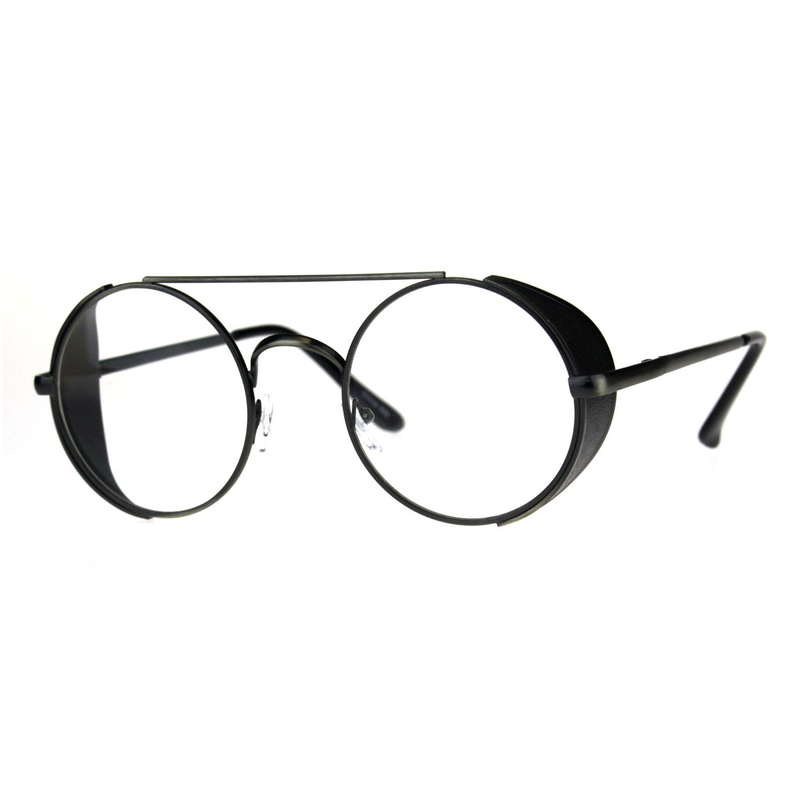 Steampunk Side Cover Clear Lens Glasses Round Metal Flat Top Bridge UV 400