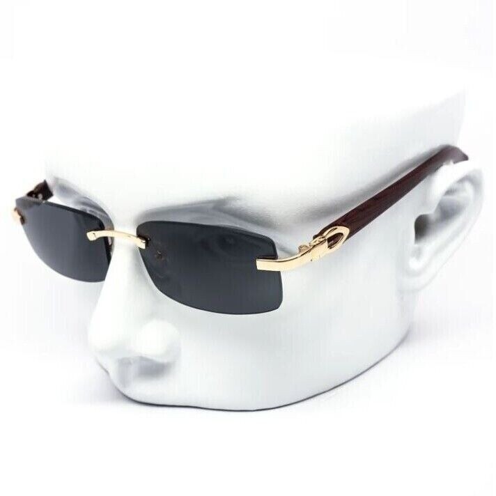 Rimless Gray Tint Gold Frame Woodgrain Shades Men’s Hip Hop Sunglasses Lentes