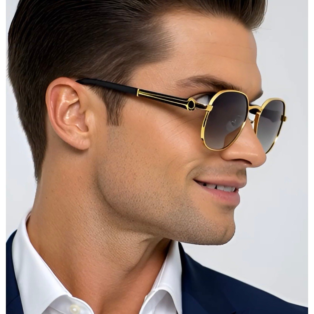 Mens Geometric Gold Metal Sunglasses Grey Gradient Lens Black Wood Grain Style