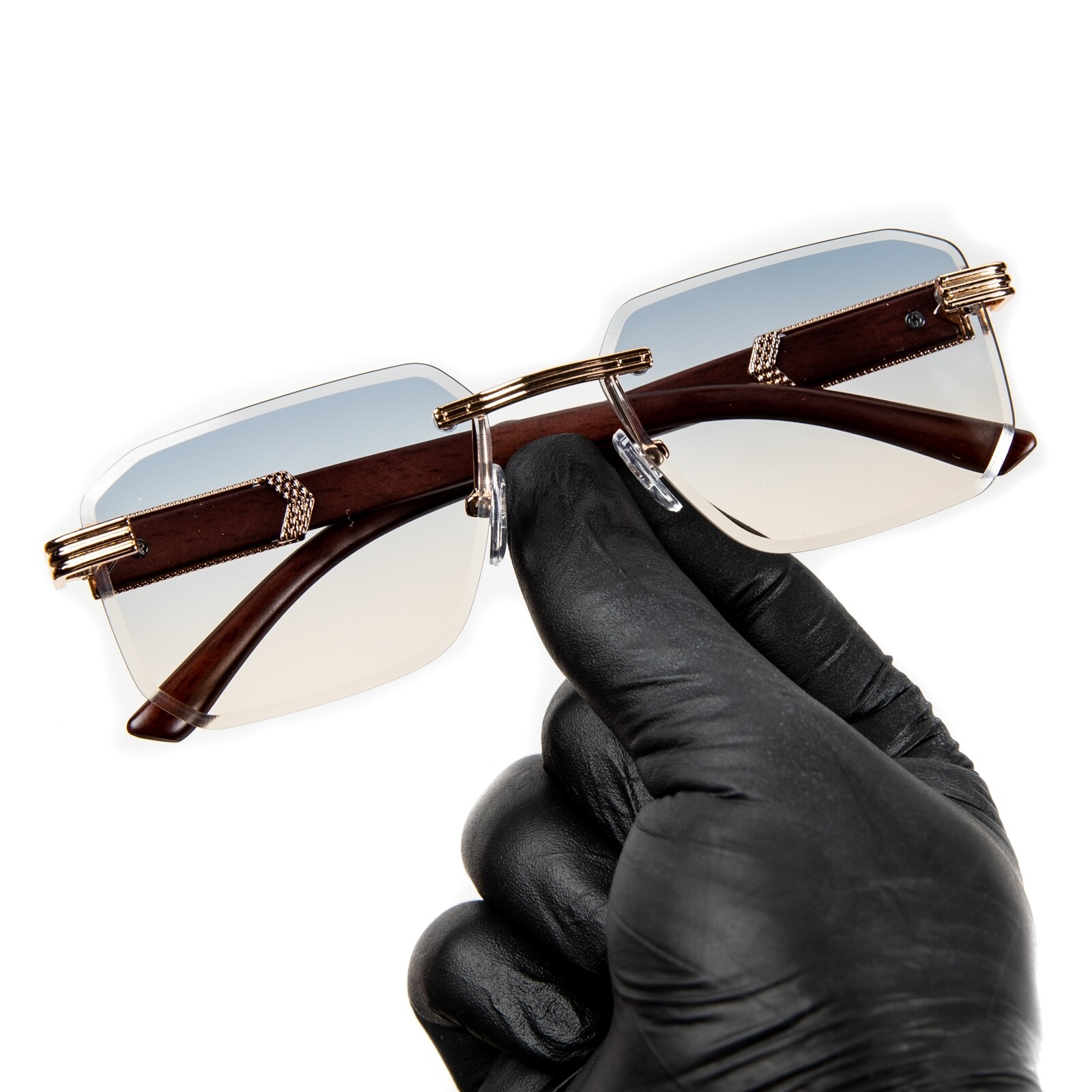 Men’s Gold Frame Rimless Gray Tan Gradient Tint Hip Hop Woodgrain Sunglasses