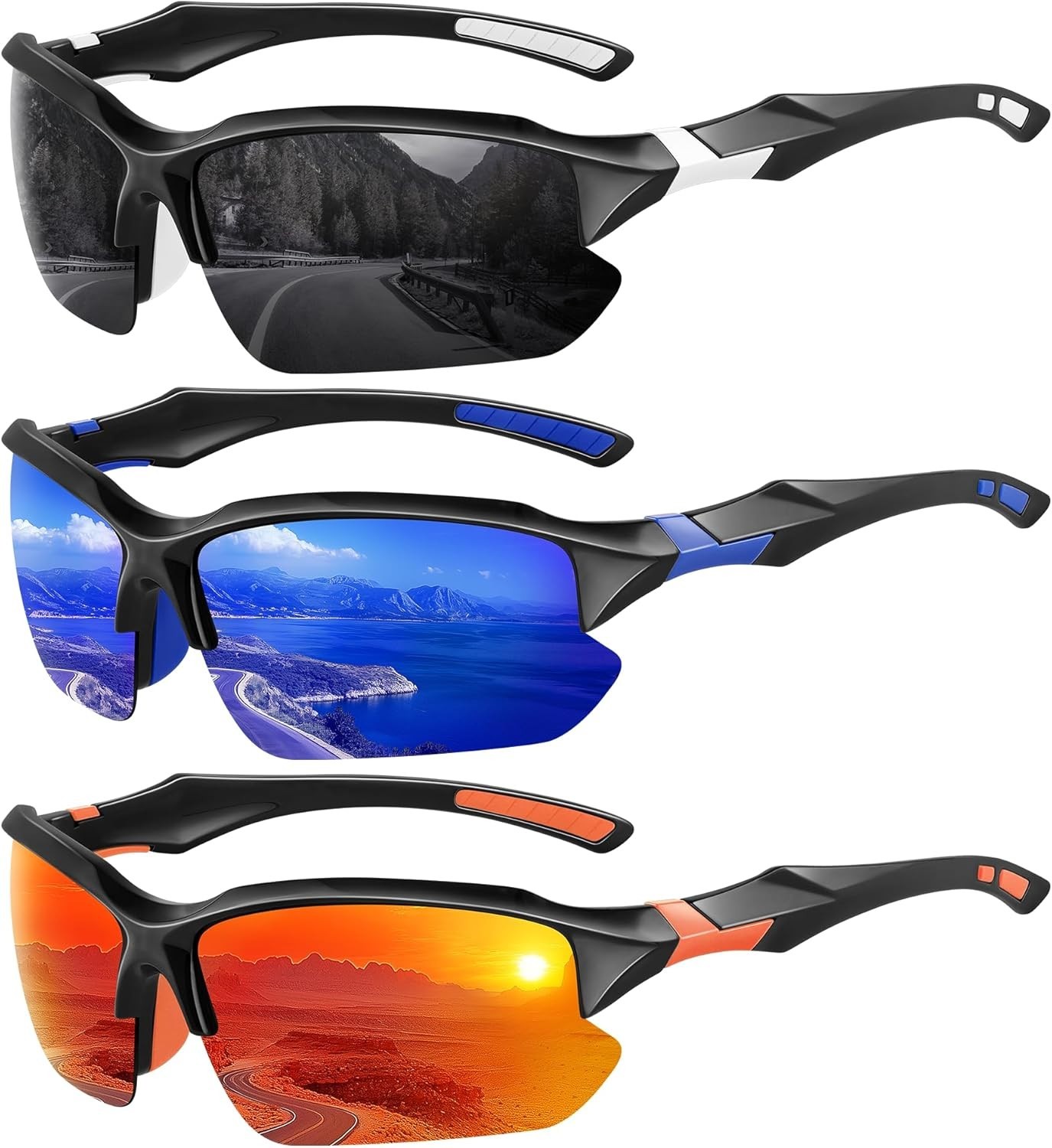 XVXV 3 Pack Polarized Sports Sunglasses for Men, UV Protection.