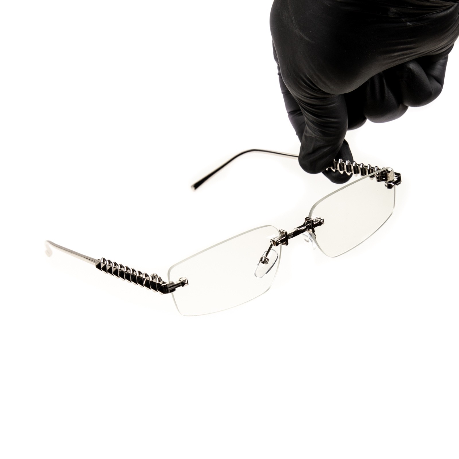 Designer Rimless Narrow Clear Lens​ Silver Spike Frame Metal Rectangular Glasses
