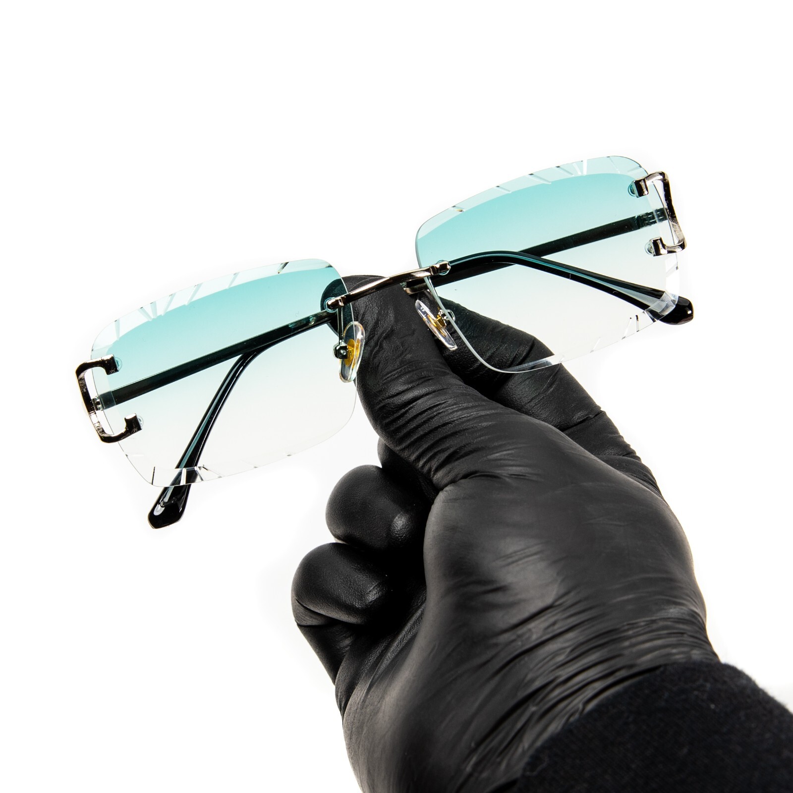 Gem Cut Turquoise Tint Silver Frame Hip Hop Rimless Luxury Rectangle Sunglasses