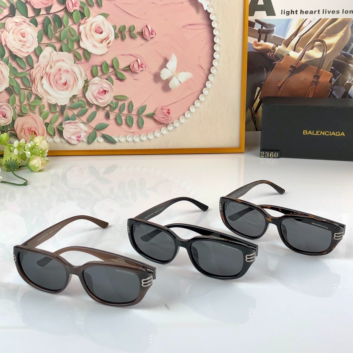 BALENCIAGA BA2360 54-19-143 Tortoise Square Sunglasses Silver Double B Logo