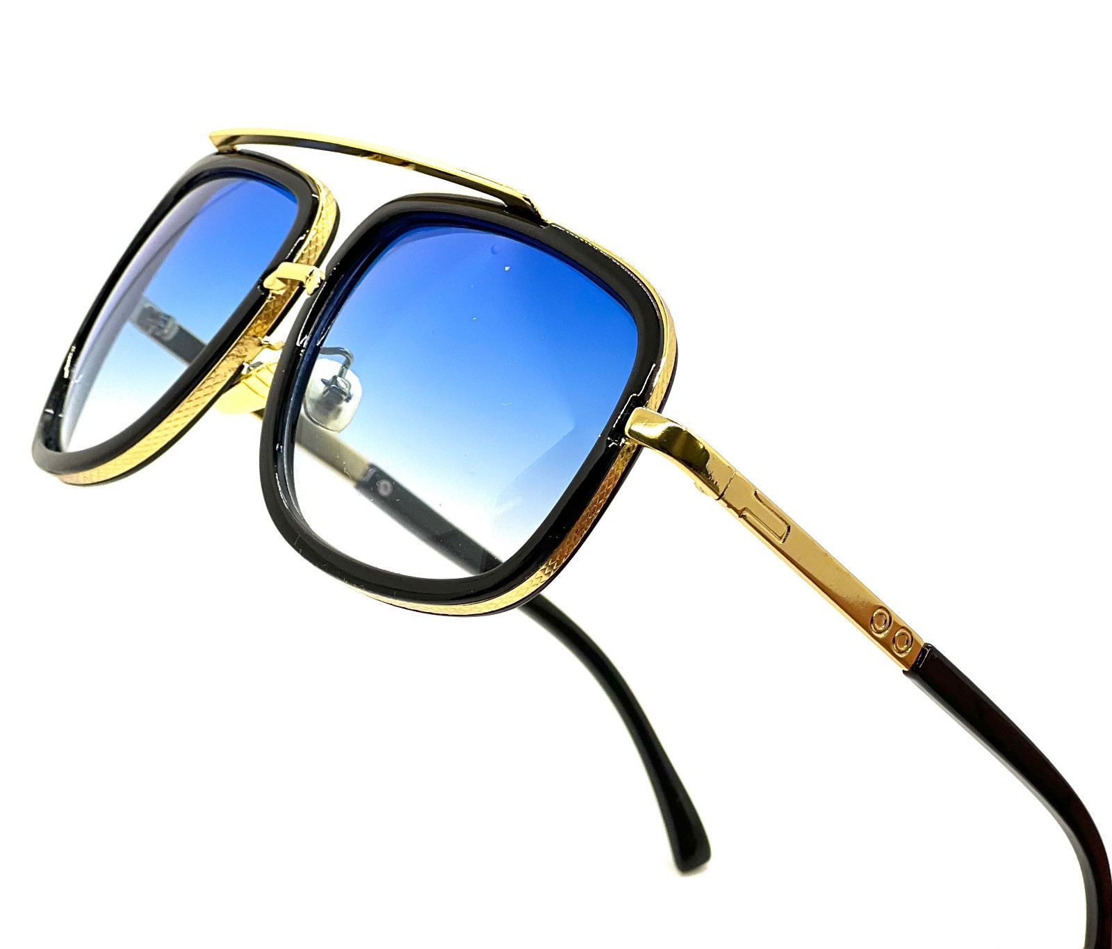 Men’s Sunglasses Square One Gold Colored Metal Frame Top Bar Oversize Shades NEW