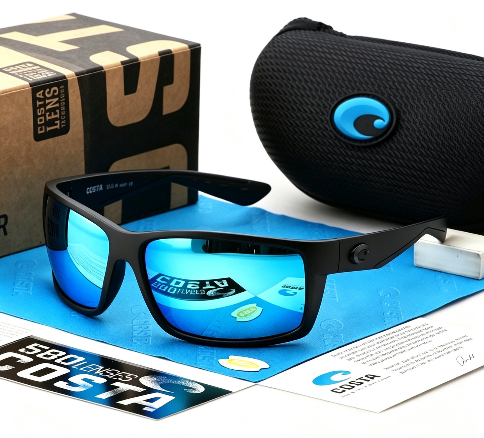 Costa Del Mar Reefton Black Frame Blue Lenses Mirror Polarized 580P Sunglasses