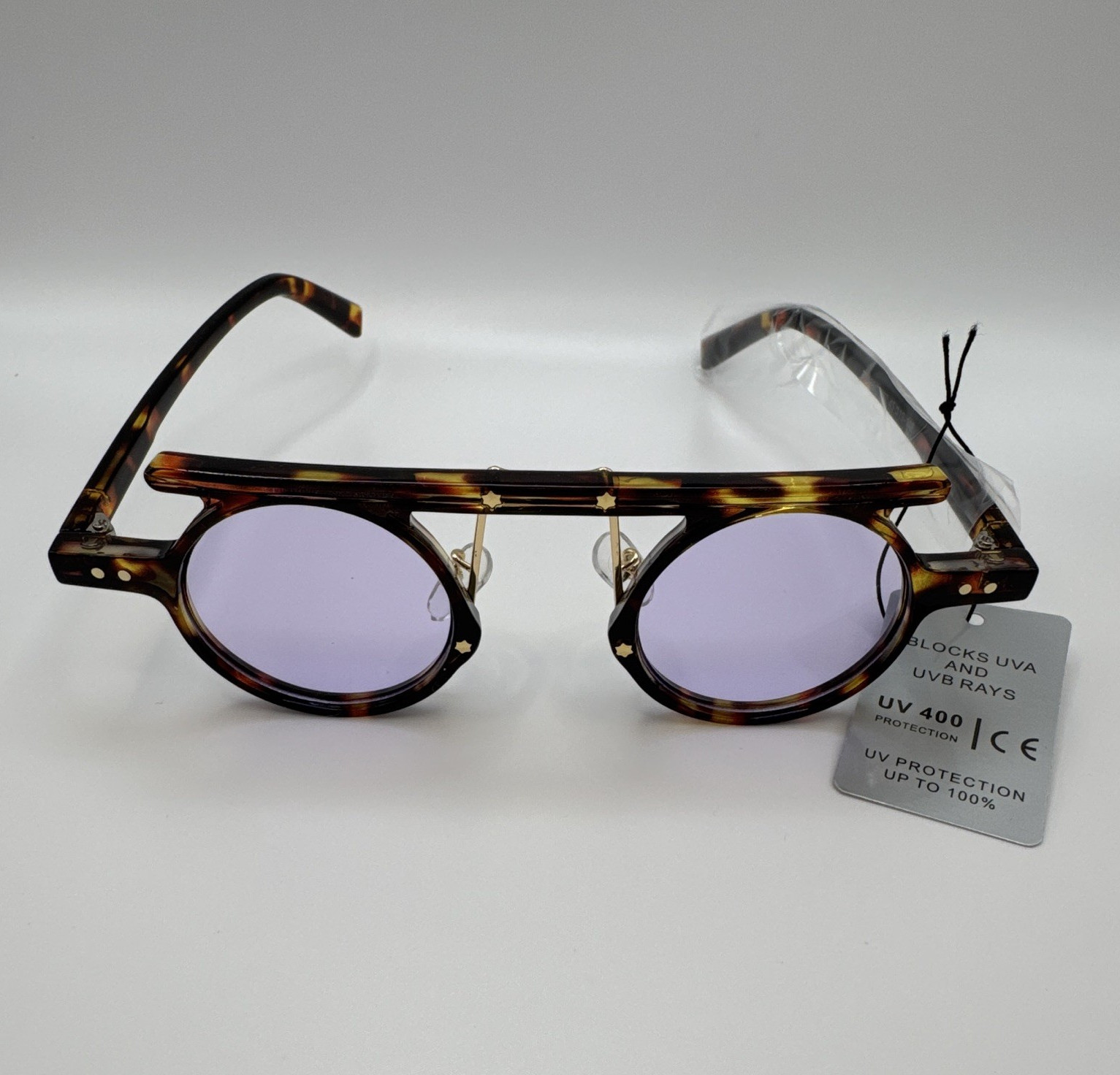 Men’s Round Tortoiseshell Brown Plastic Sunglasses Purple Plastic Lenses UV400