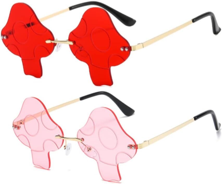ENTHYI Mushroom Shape Sunglasses for Women Irregular Rimless Eyewear Red+pink