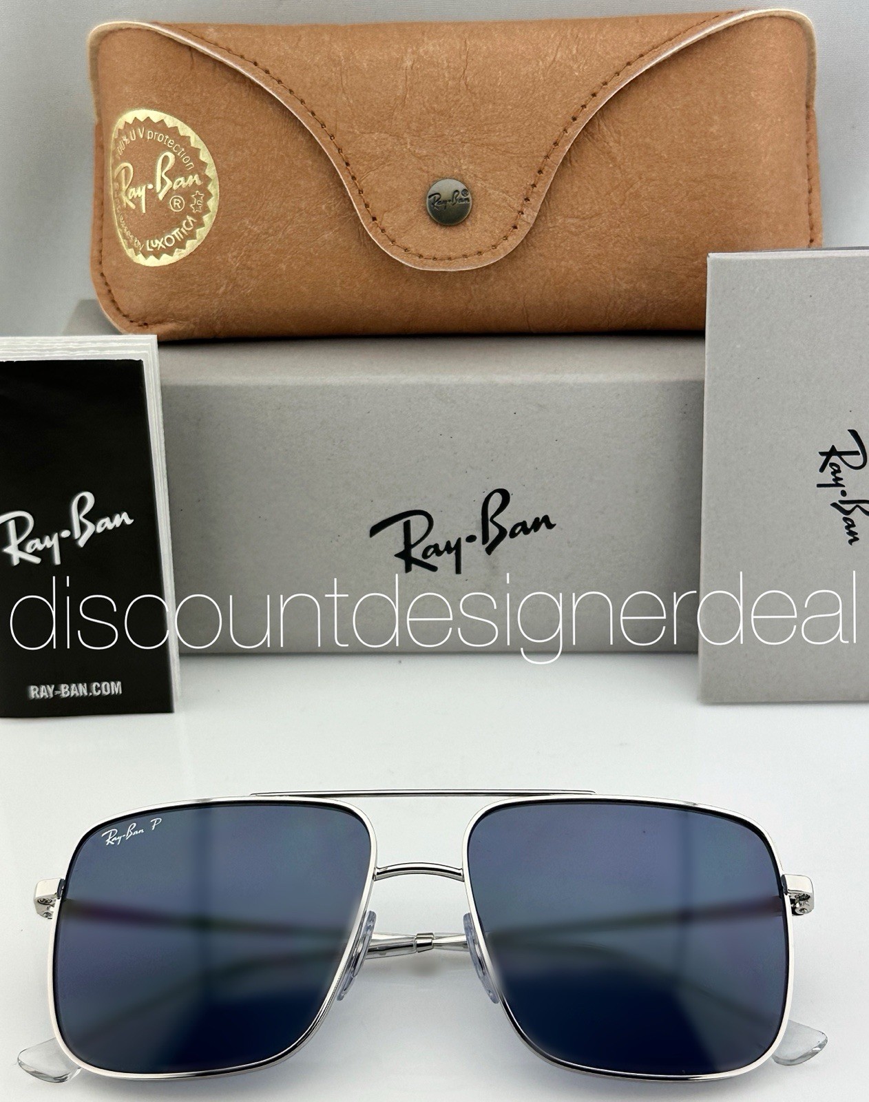 Ray-Ban RB3758 003/2V Square Sunglasses Silver Frame Blue Polarized Lens 56mm