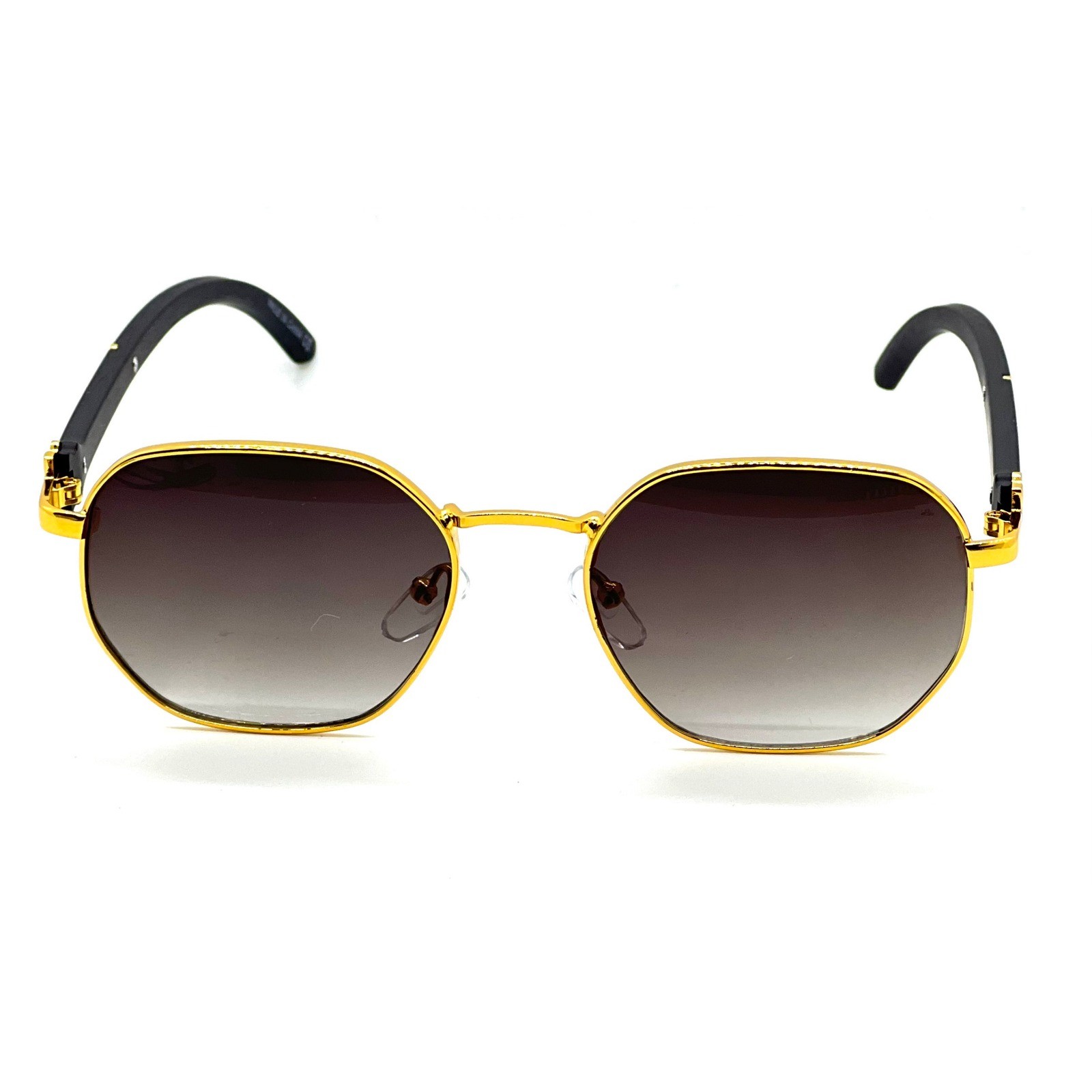 Mens Geometric Gold Metal Sunglasses Grey Gradient Lens Black Wood Grain Style