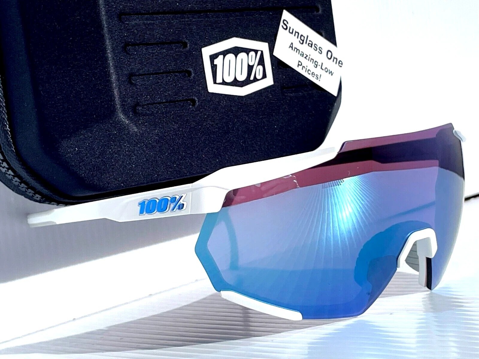 100% Percent RACETRAP 3.0 Matte White HiPER Blue Mirror Sunglass 60004-00001