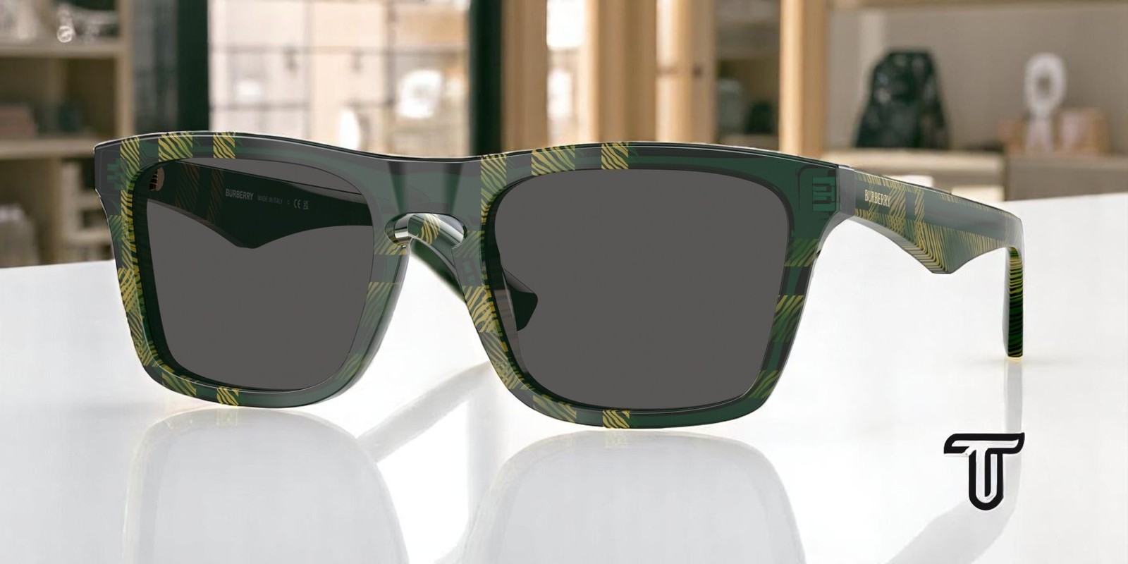 BURBERRY BE4434F 412587 Check Green Dark Grey 57 mm Men’s Sunglasses