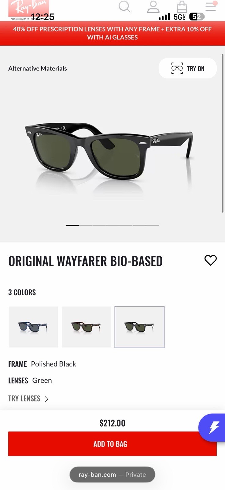 Ray-Ban Original Wayfarer Bio-Based Sunglasses Black Frame Green Tinted Lens