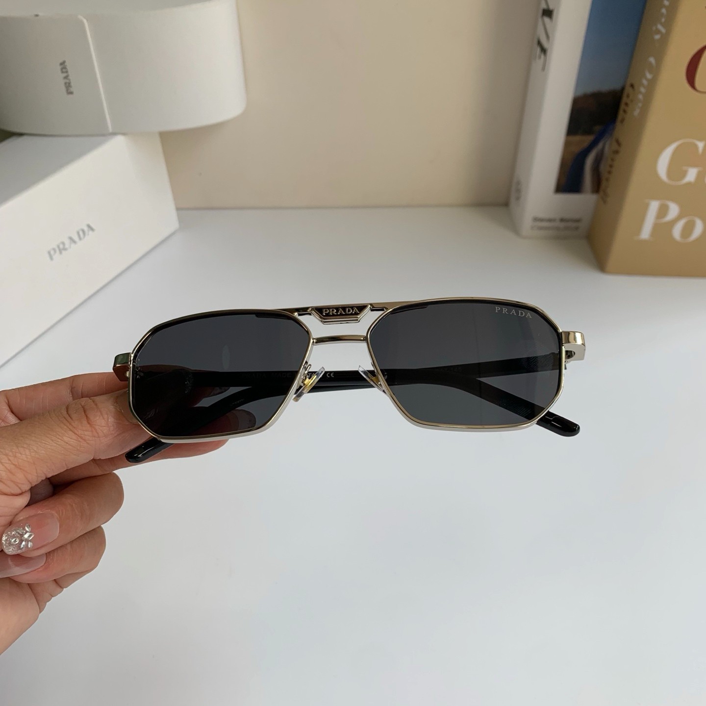 PRADA SPRA54 Pilot Sunglasses Silver‑Tone Metal Black Lens Logo Plaque 60‑16‑145