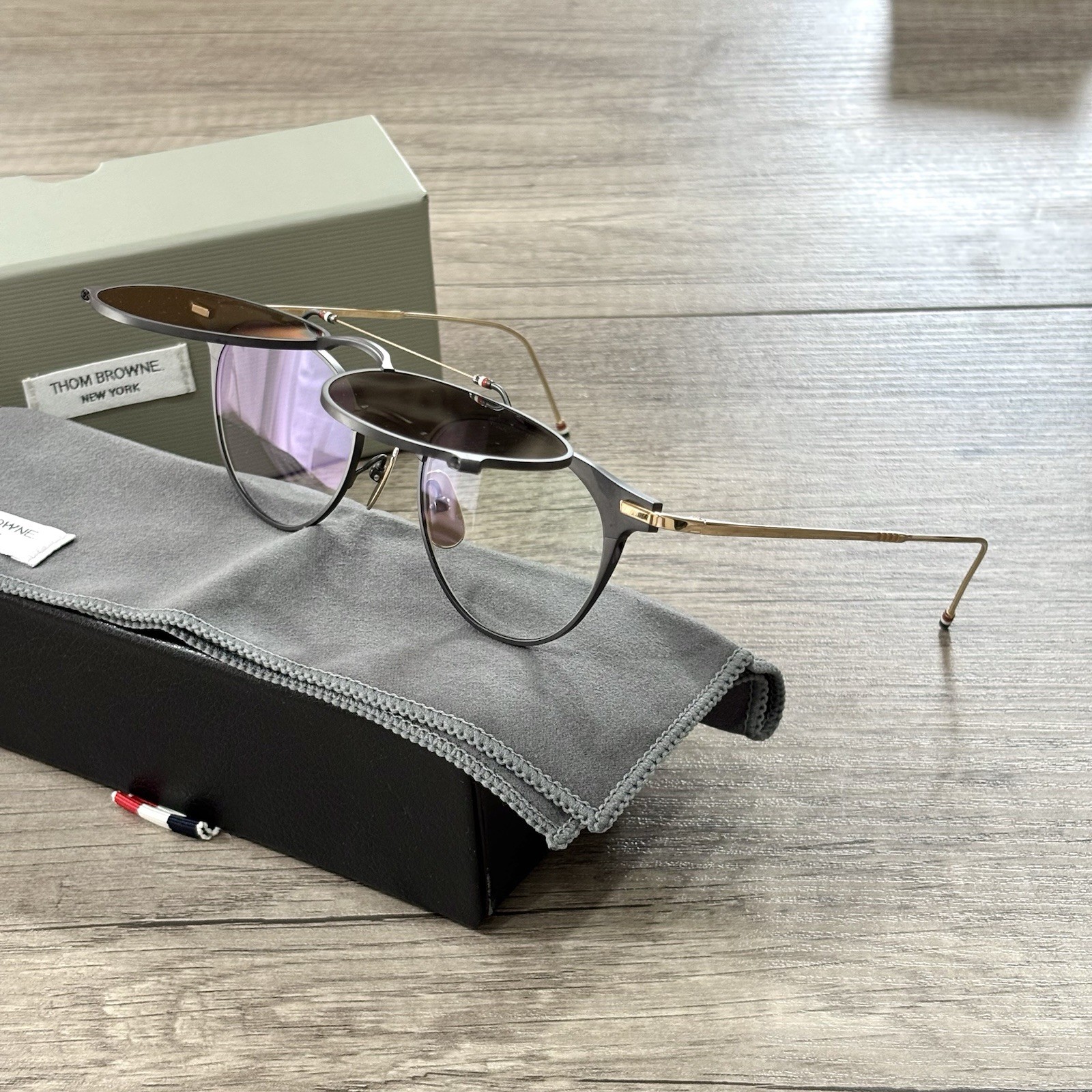 THOM BROWNE TBS814 Black Gold Clip-On Eyeglasses Sunglasses Japan w/ Box FullSet