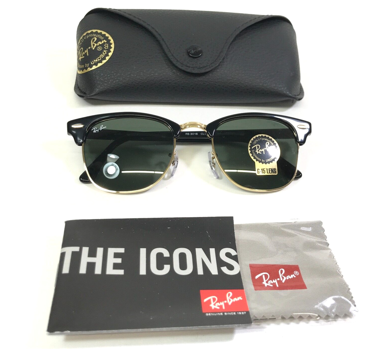 Ray-Ban Sunglasses RB3016 CLUBMASTER W0365 Black Gold Frames G-15 Lenses 51 mm
