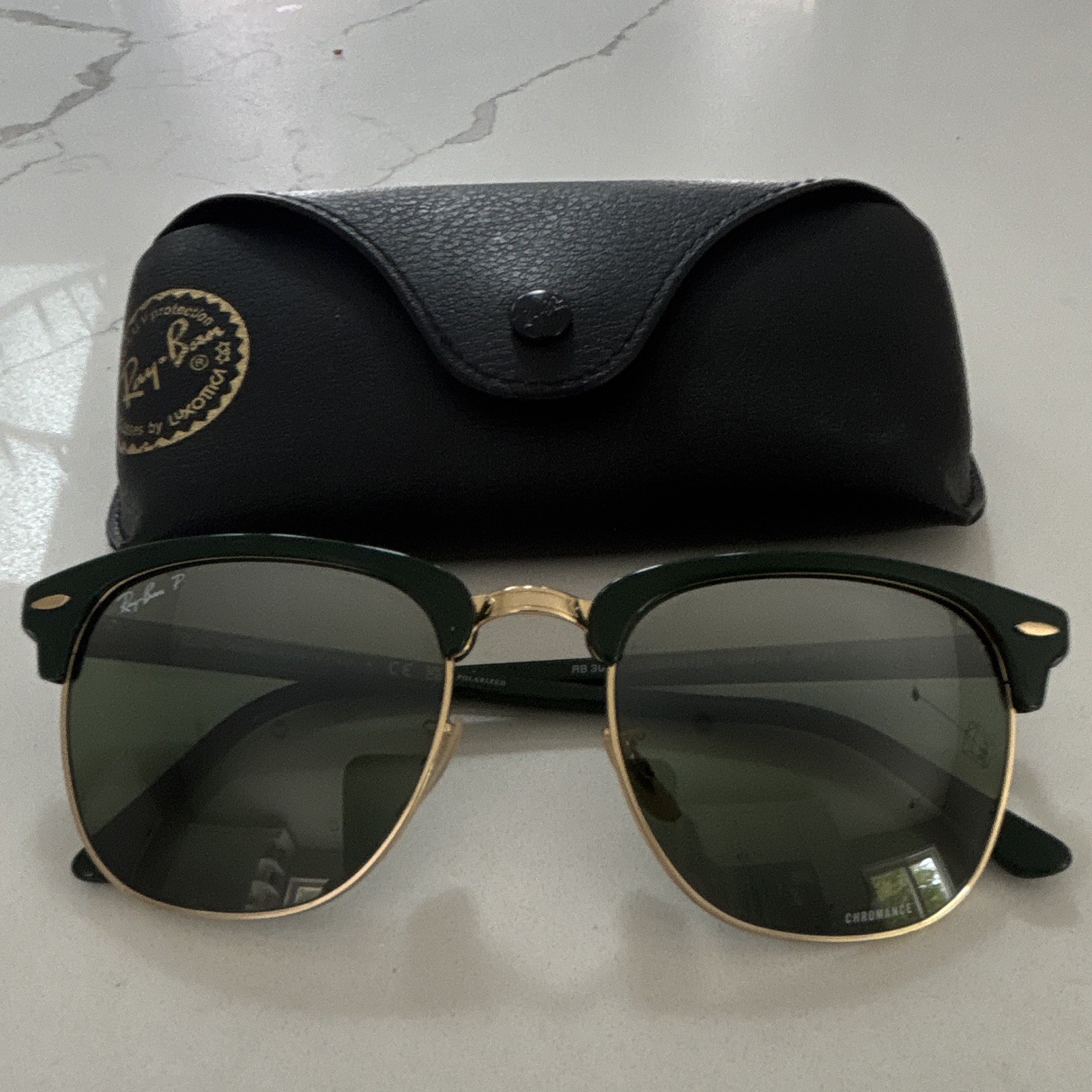 Ray-Ban RB3016 Clubmaster Polarized Sunglasses Black Frame Green Glass Lens