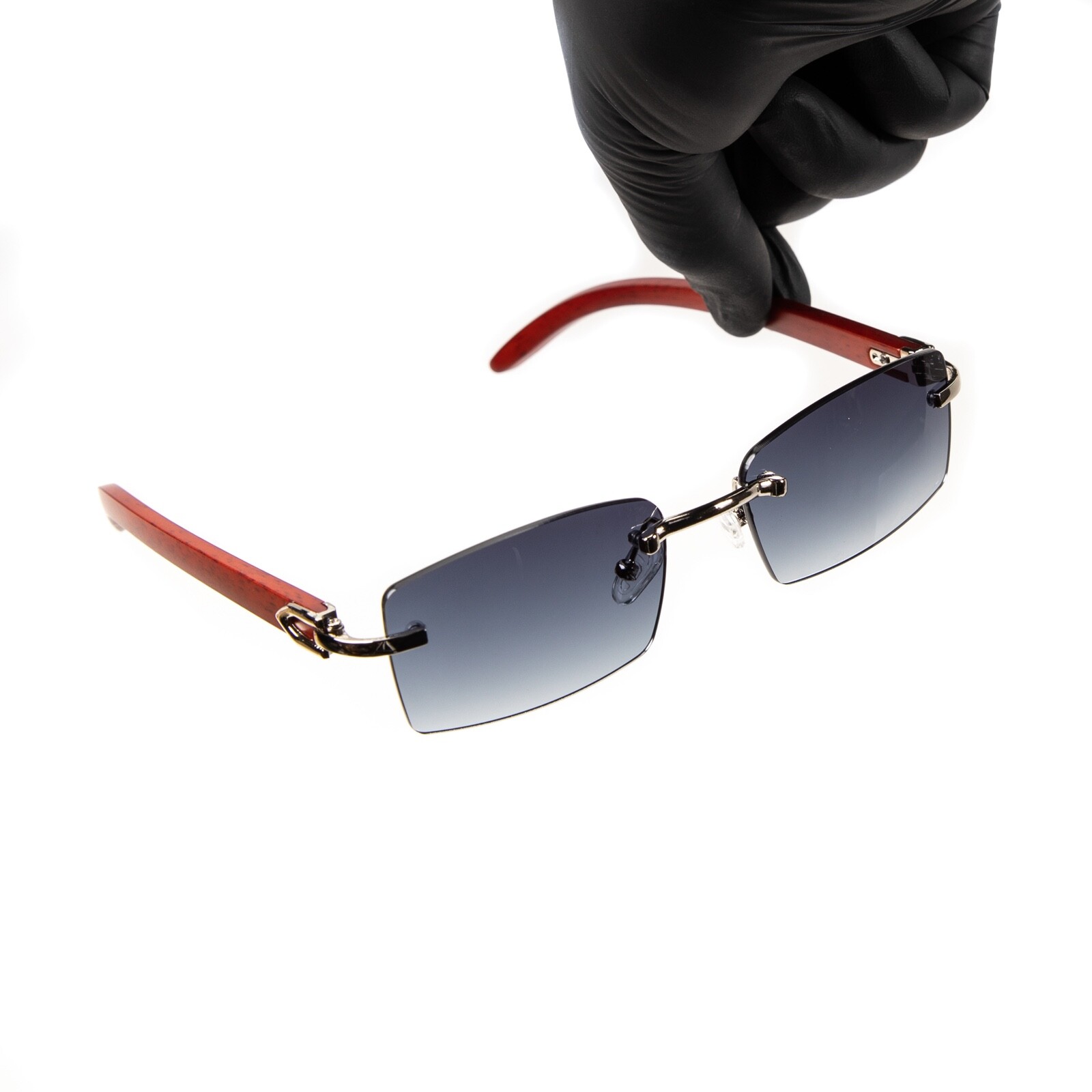 Men’s Luxury Woodgrain Rimless Silver Frame Blue Gray Tinted Sunglasses