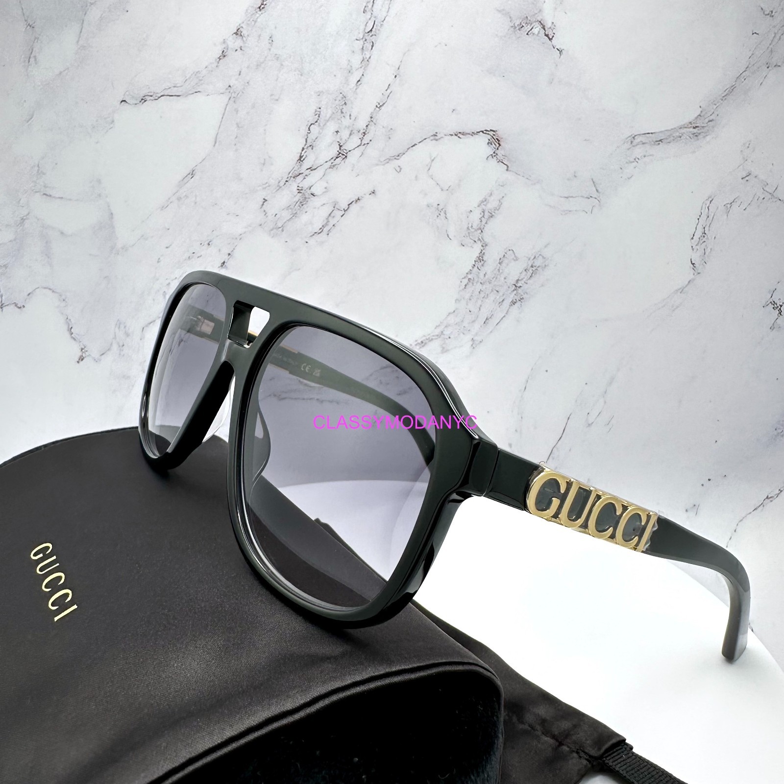 GUCCI Sunglasses Aviator Pilot 58mm Black New Gold Metal Logo Gray Lens Mens