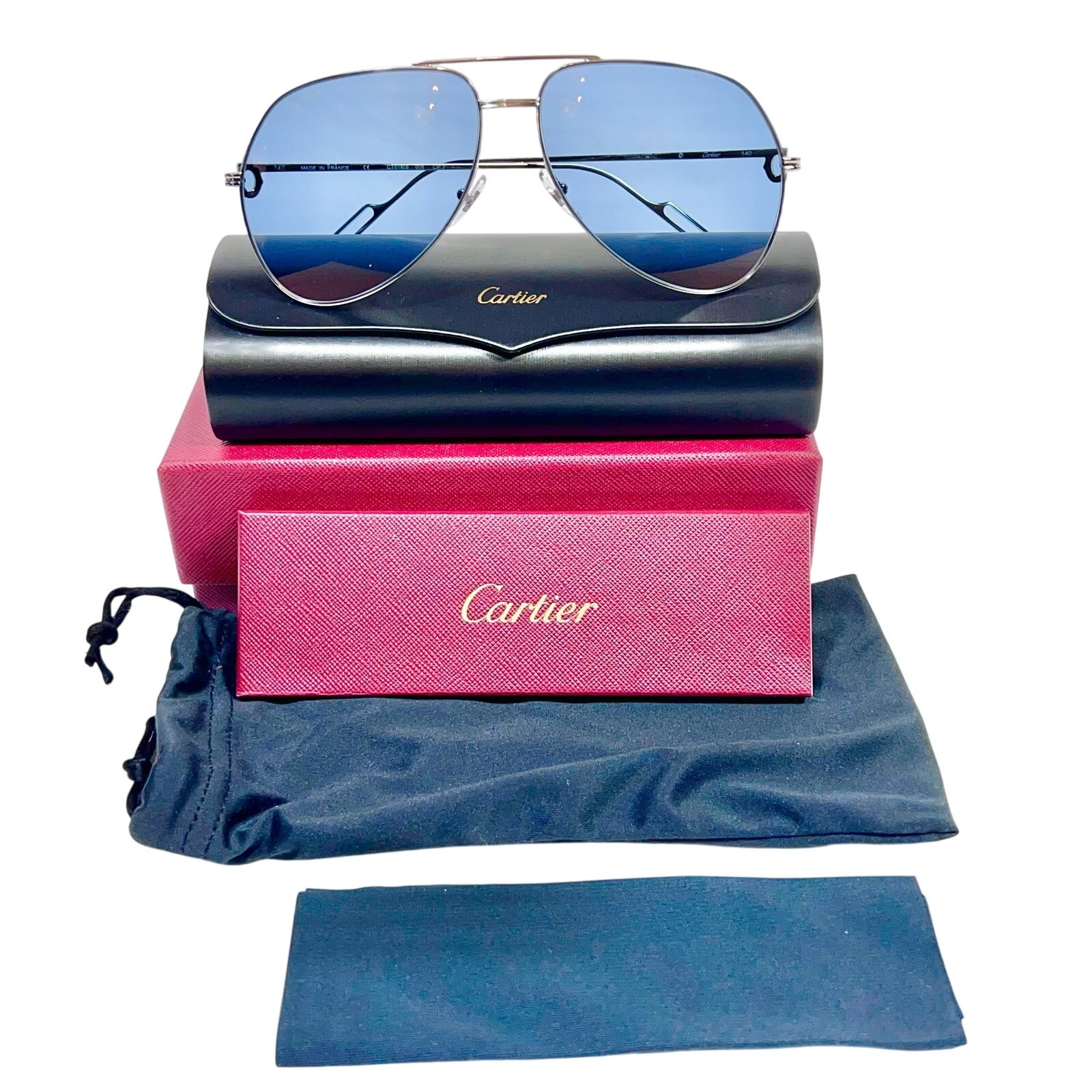 Cartier Aviator Sunglasses Silver Frame Blue Lenses 62-14 CT0110S 006 NEW