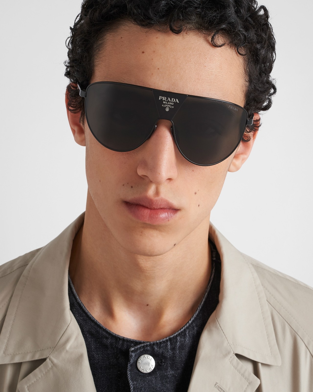 Prada PR 69ZS 5AK05V Shield Sunglasses Black Grey Lens Logo Unisex