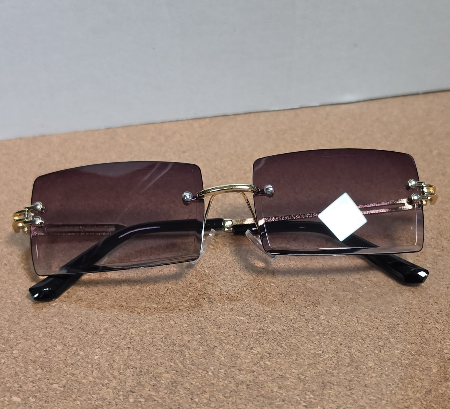 Rimless Rectangle Sunglasses Gold Metal Frame Brown Gradient Tinted Lenses