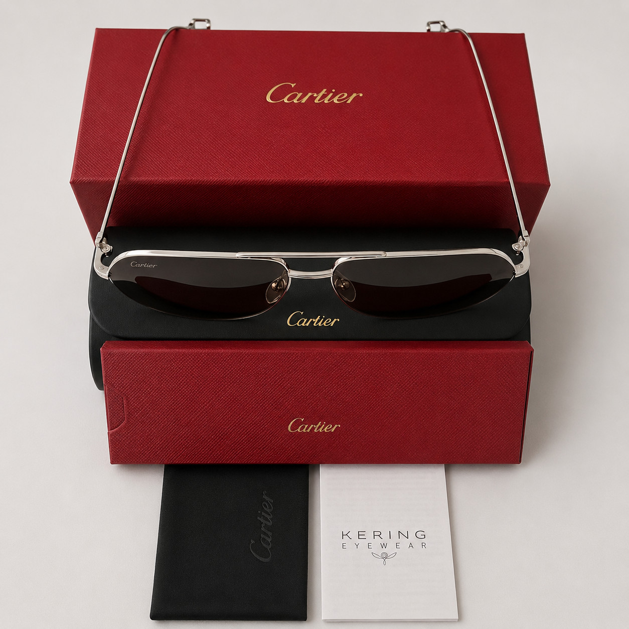 Cartier CT0110S 004 Aviator Sunglasses Silver Full Set Made in France