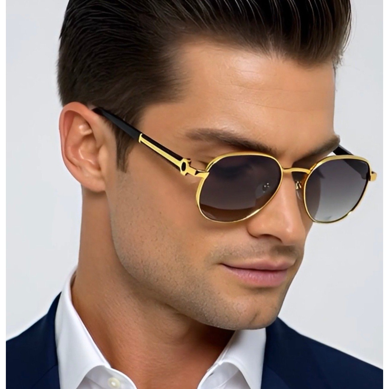 Mens Geometric Gold Metal Sunglasses Grey Gradient Lens Black Wood Grain Style