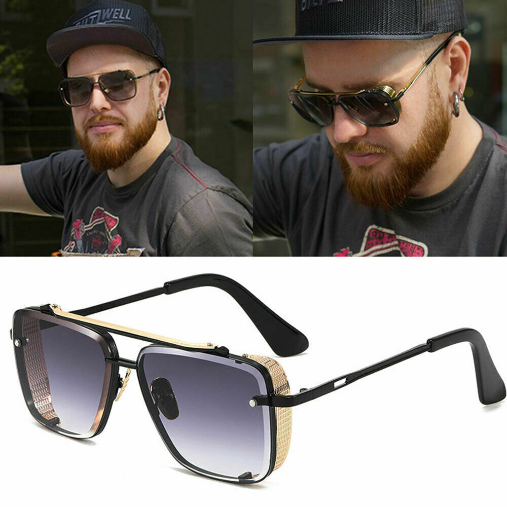Men’s SUNGLASSES DESIGNER SQUARE RETRO GOLD FRAME SHADES METAL FASHION HIP HOP