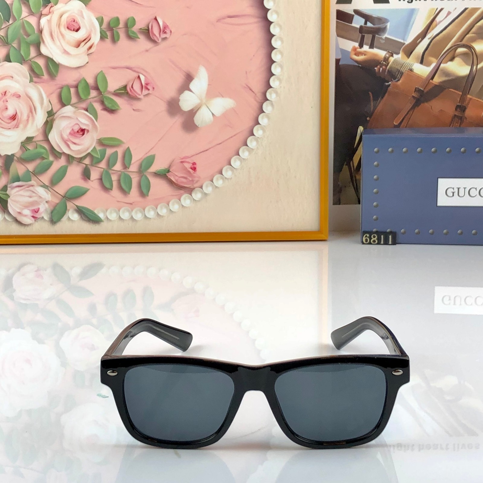 Gucci GG0746S Square Sunglasses Black Acetate Frame Solid Grey Lens 57-17-145