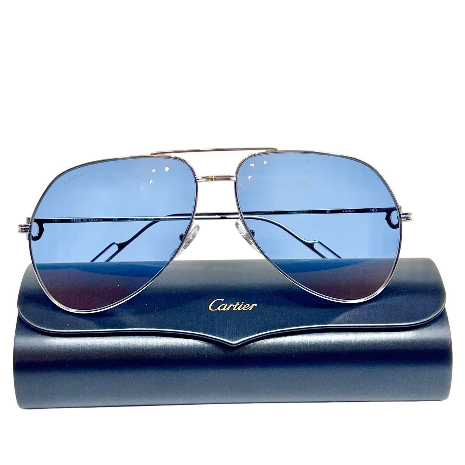 Cartier Aviator Sunglasses Silver Frame Blue Lenses 62-14 CT0110S 006 NEW