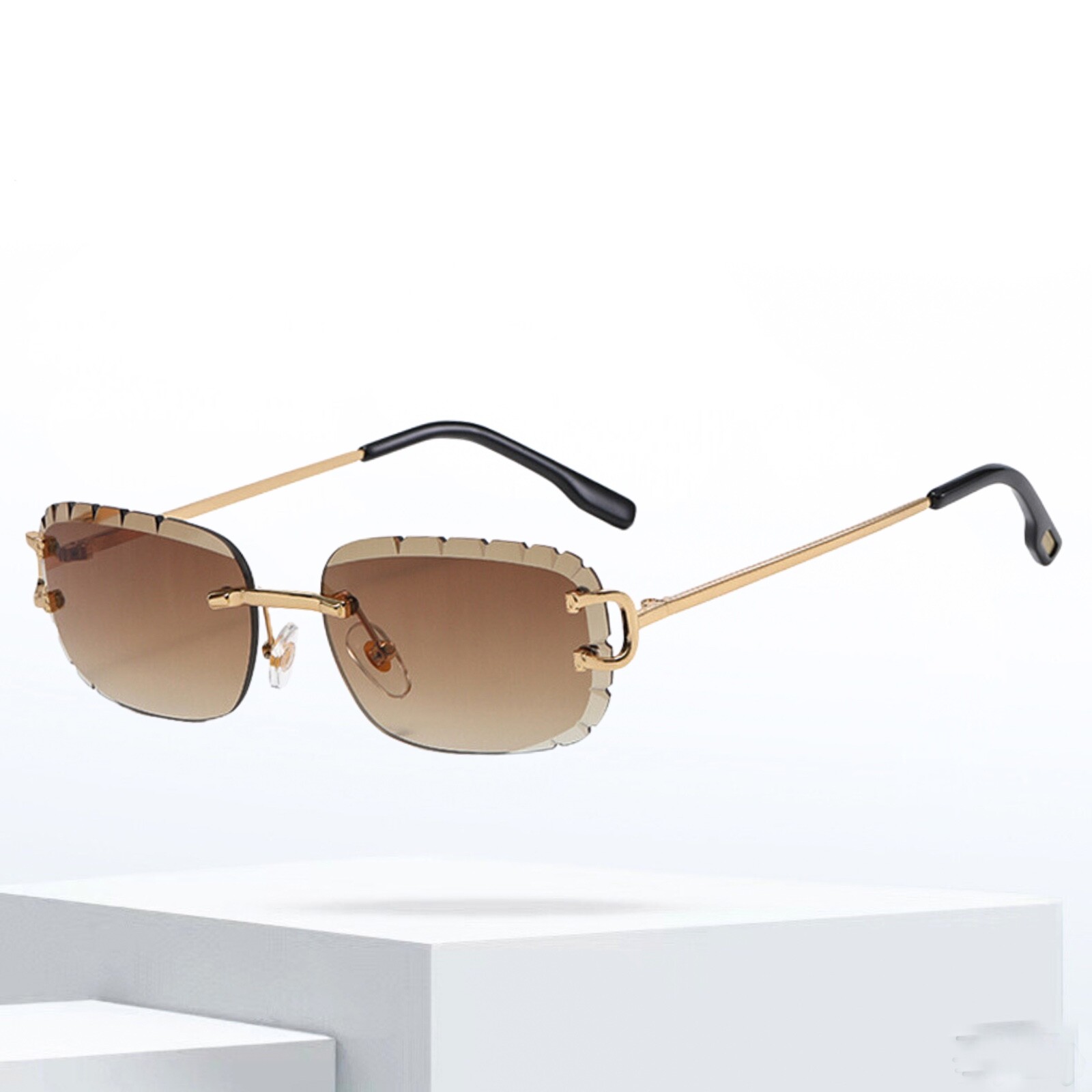 Mens Brown Tint Rimless Gem Cut Lens Gold Frame Hip Hop Frameless Sunglasses