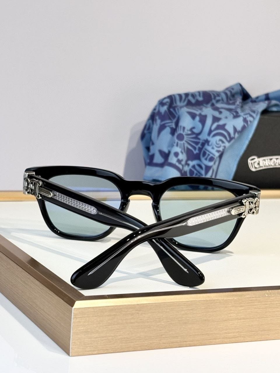 Chrome Hearts Sunglasses Black Frame Silver Dagger Light Blue Lens