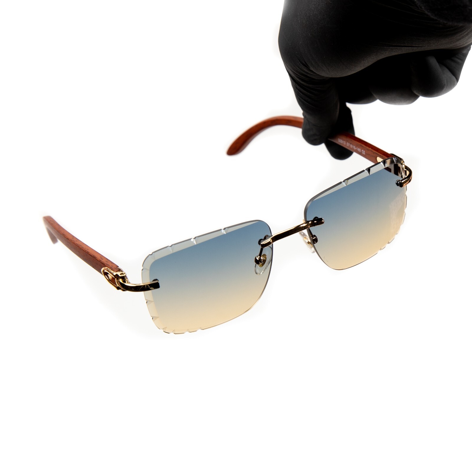 Mens Gray & Tan Gradient Tint Rimless Gold Frame Woodgrain Gem Cut Sunglasses