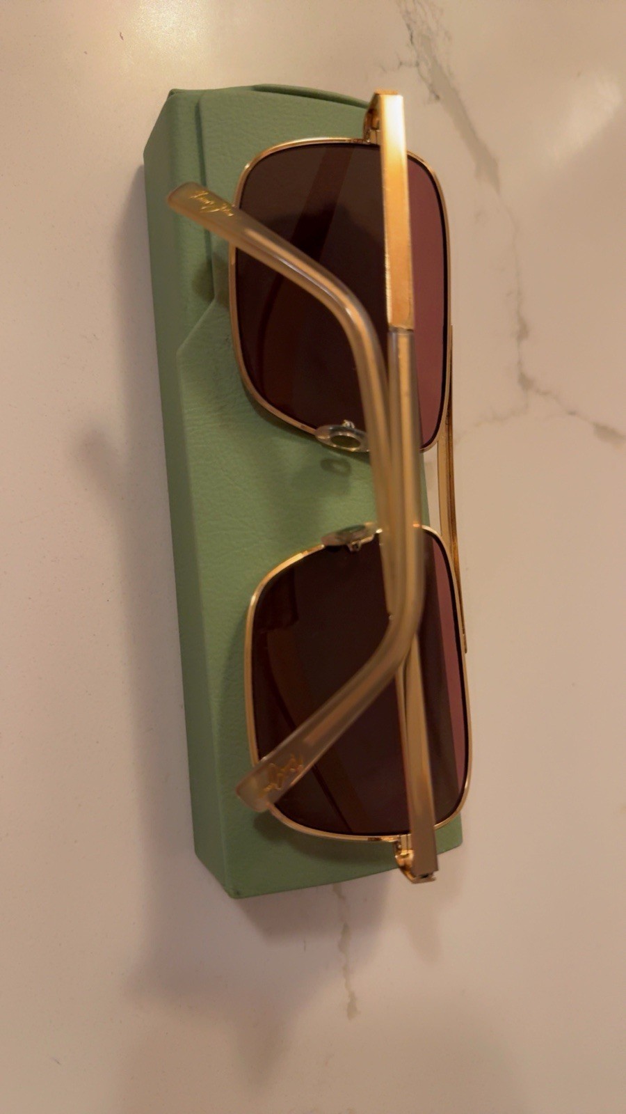 Men’s Square Sunglasses Gold Metal Frame Brown Tinted Lenses Classic
