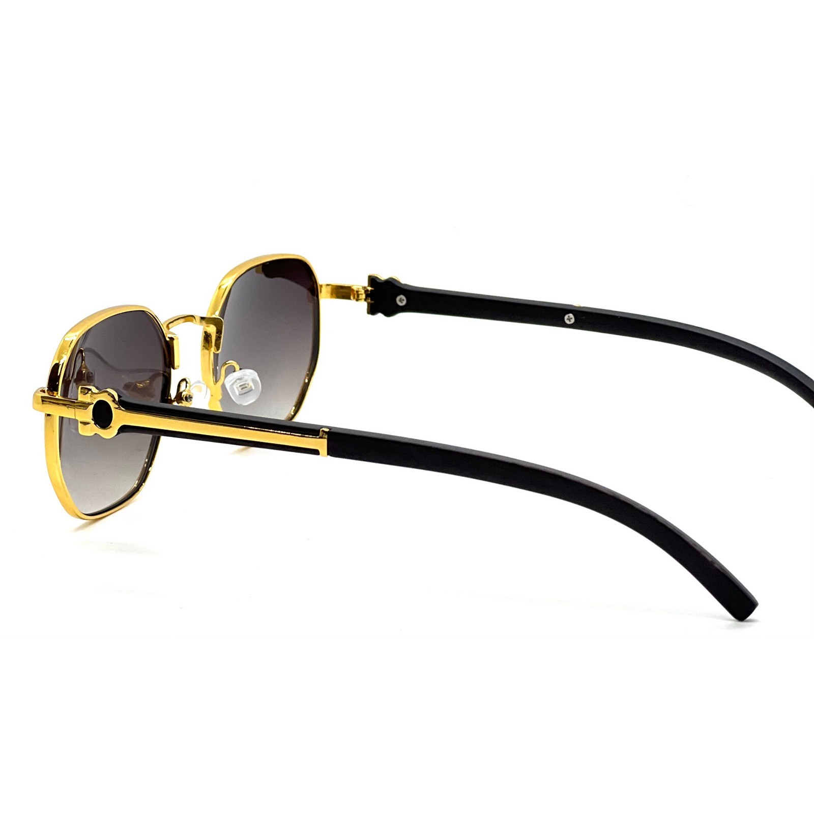 Mens Geometric Gold Metal Sunglasses Grey Gradient Lens Black Wood Grain Style