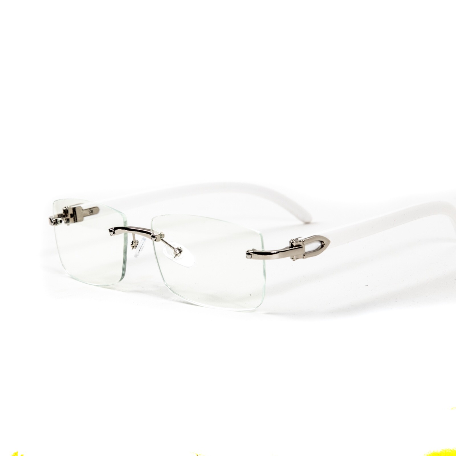 White Wood Grain Clear Lens Mens Silver Frame Rectangular Luxury Square Glasses