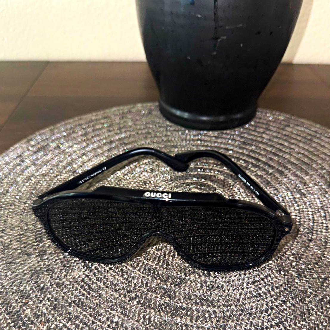 Gucci Men’s Shield Sunglasses Black Plastic Frame Gray Tinted Plastic Lenses