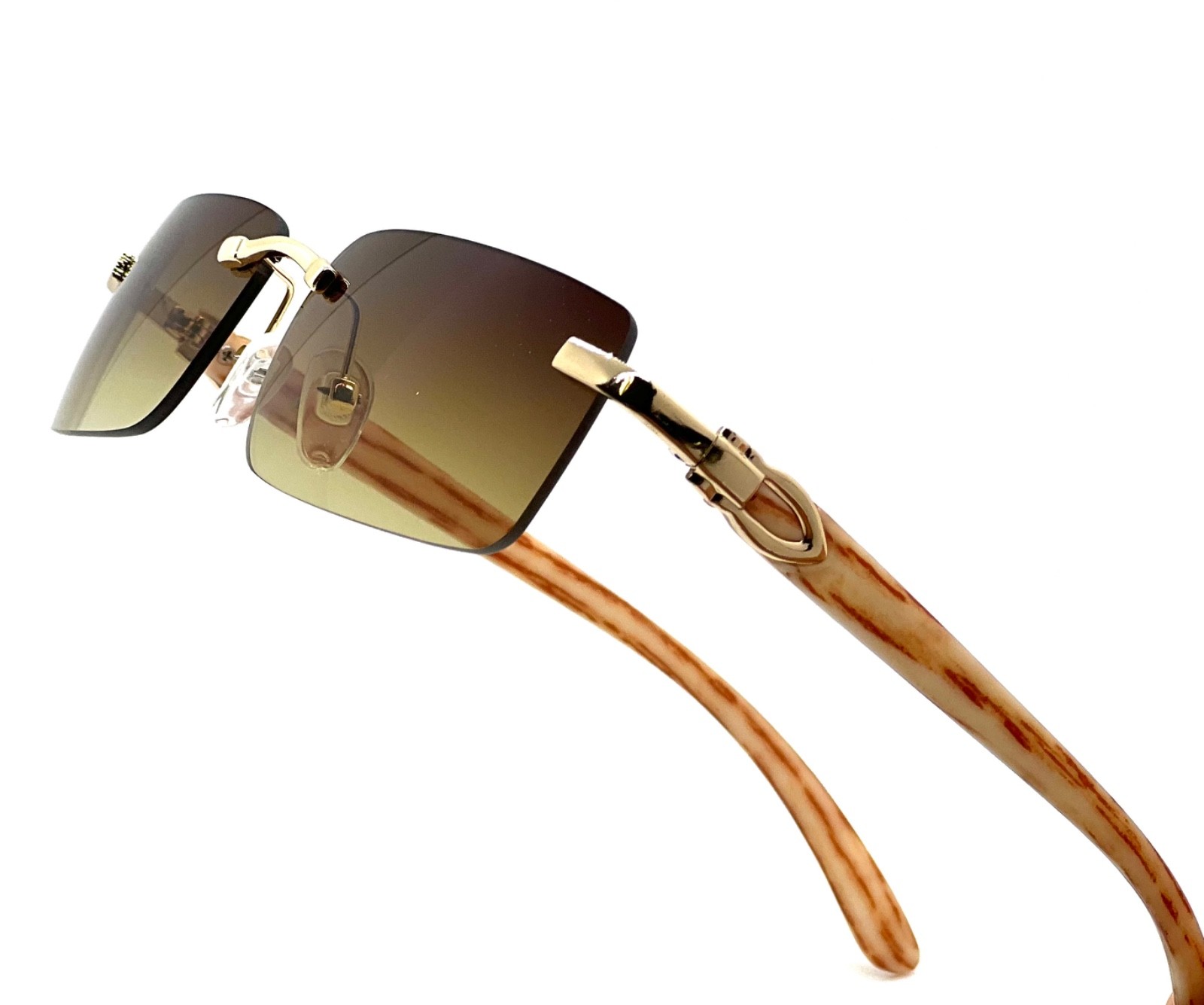 Men’s Vintage Gold Frame Rimless Hip Hop Black Woodgrain Clear Lens Glasses