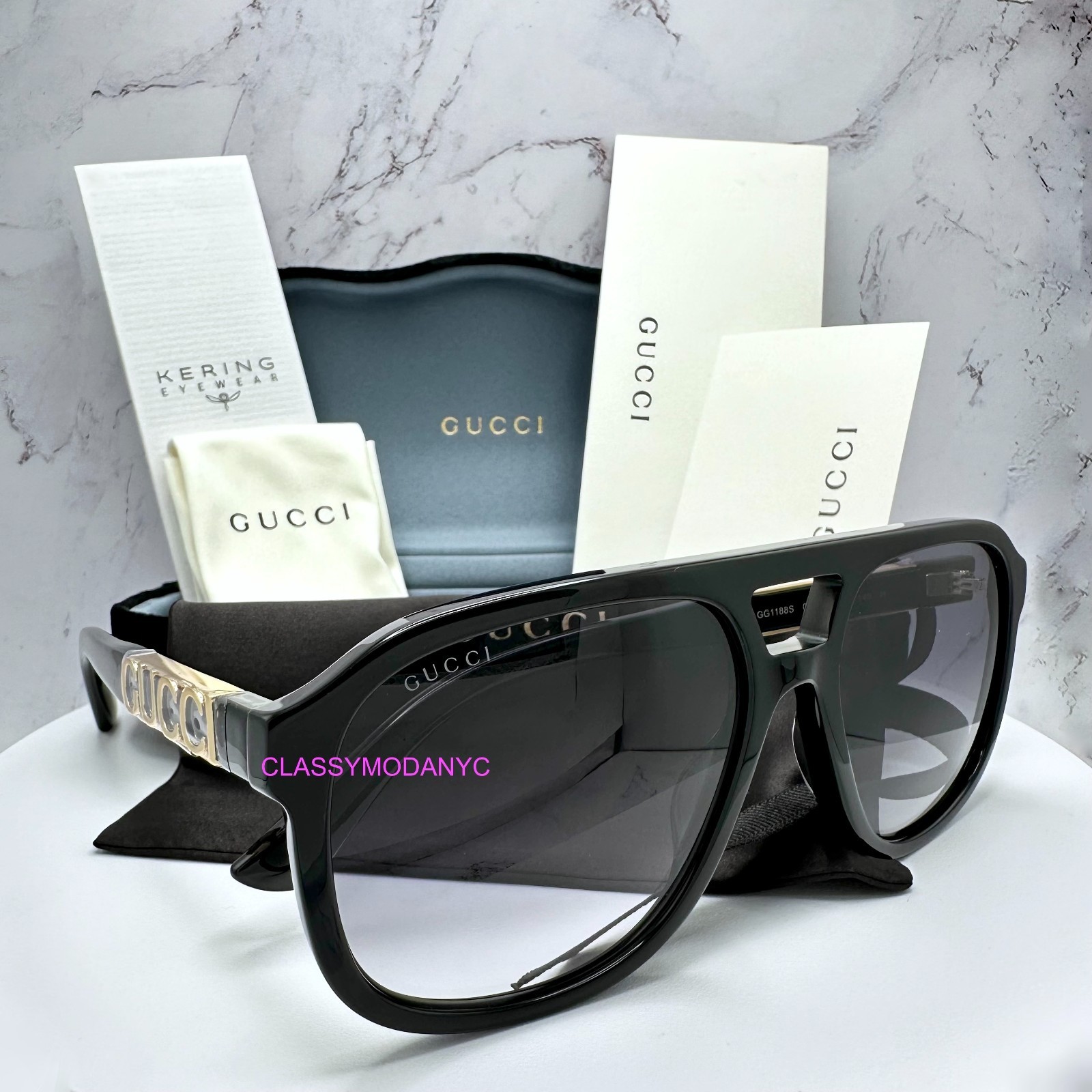 GUCCI Sunglasses Aviator Pilot 58mm Black New Gold Metal Logo Gray Lens Mens