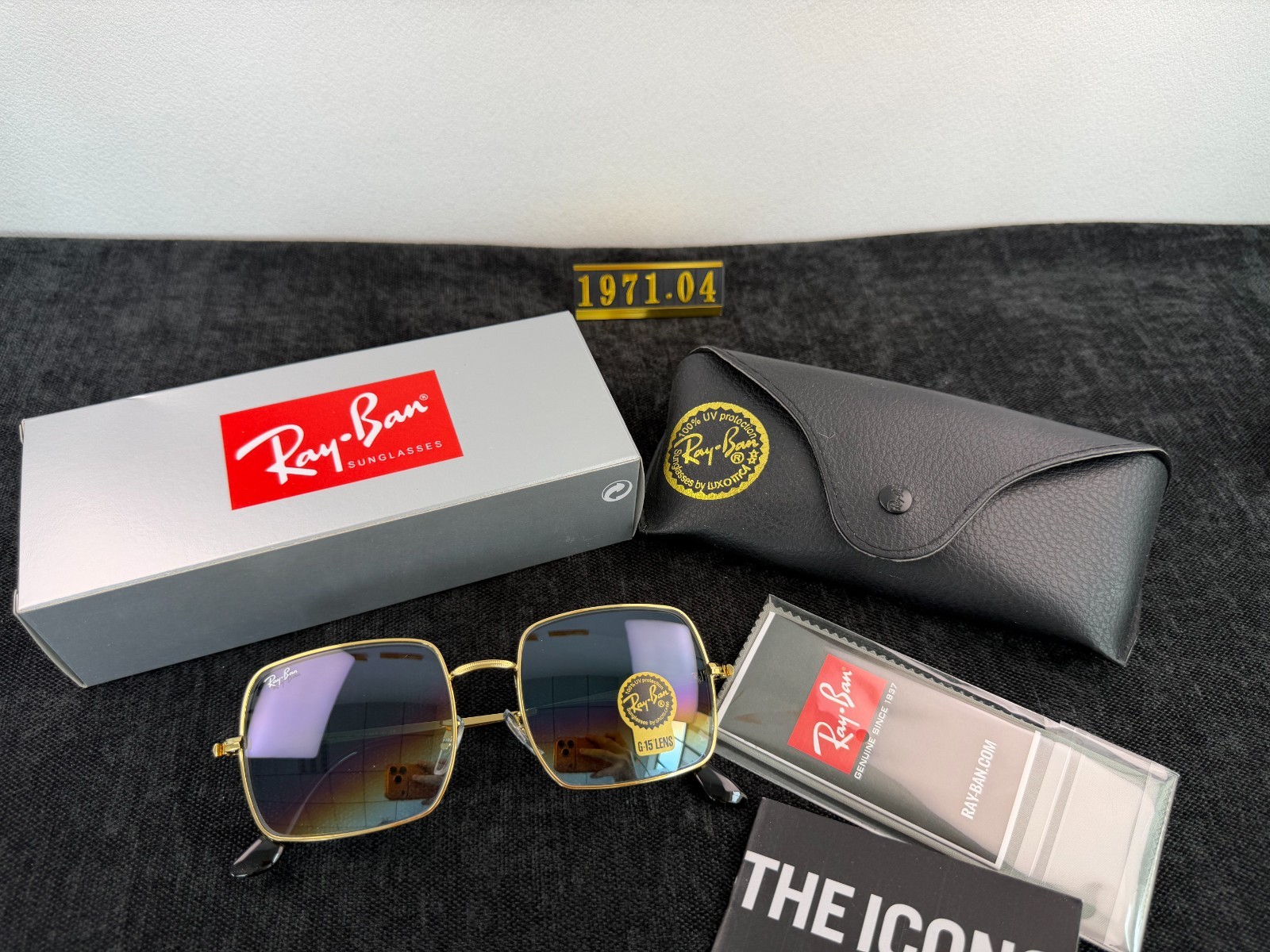Ray-Ban RB1971 Square Sunglasses, Gold Frame, Blue Gradient G-15 Lens