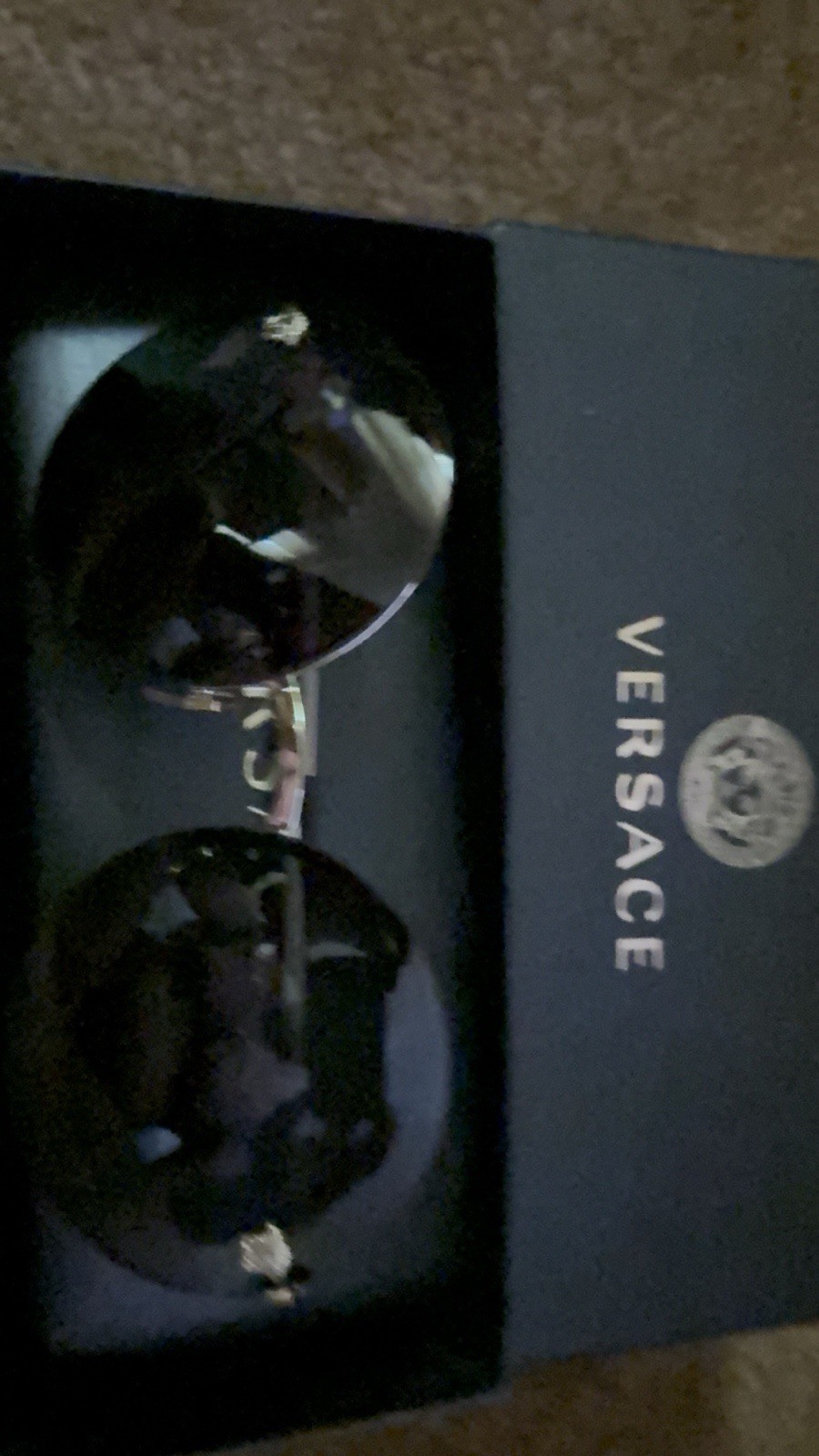 Versace Round Sunglasses Gold Metal Frame Black Tinted Lenses
