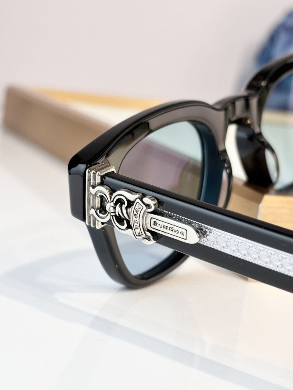 Chrome Hearts Sunglasses Black Frame Silver Dagger Light Blue Lens