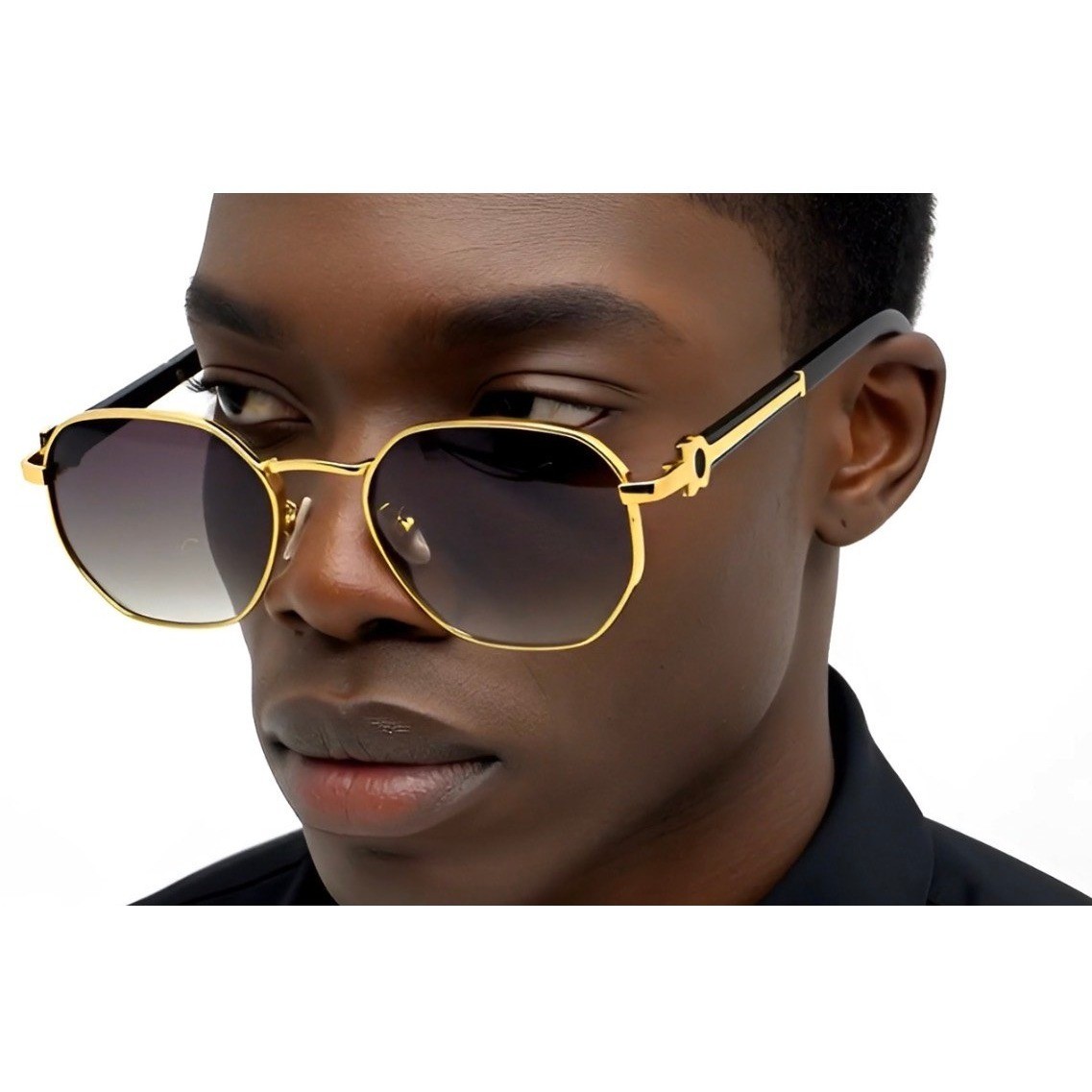 Mens Geometric Gold Metal Sunglasses Grey Gradient Lens Black Wood Grain Style