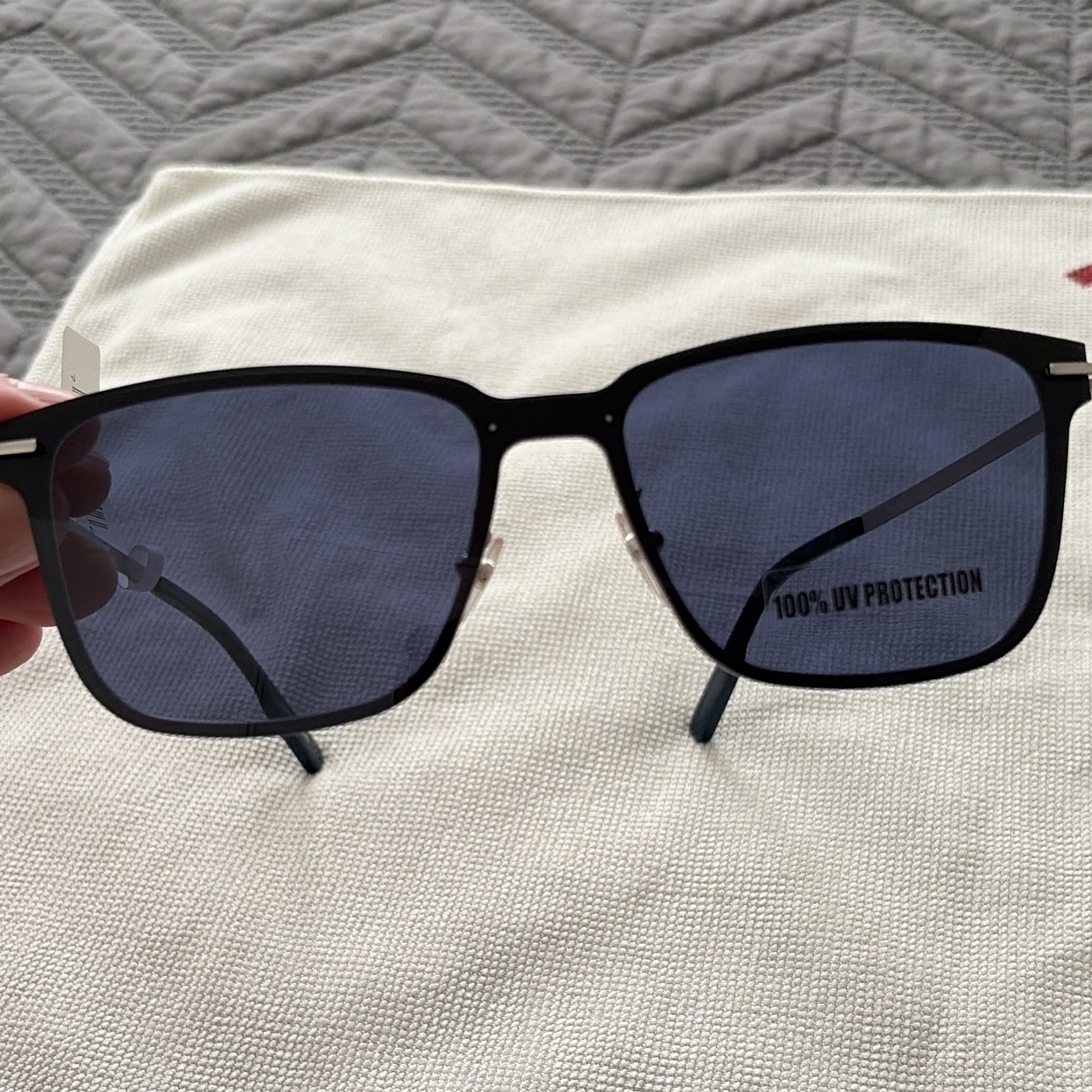 Zegna Men’s Square Metal Sunglasses Black Frame Blue Tinted 100% UV Lightweight