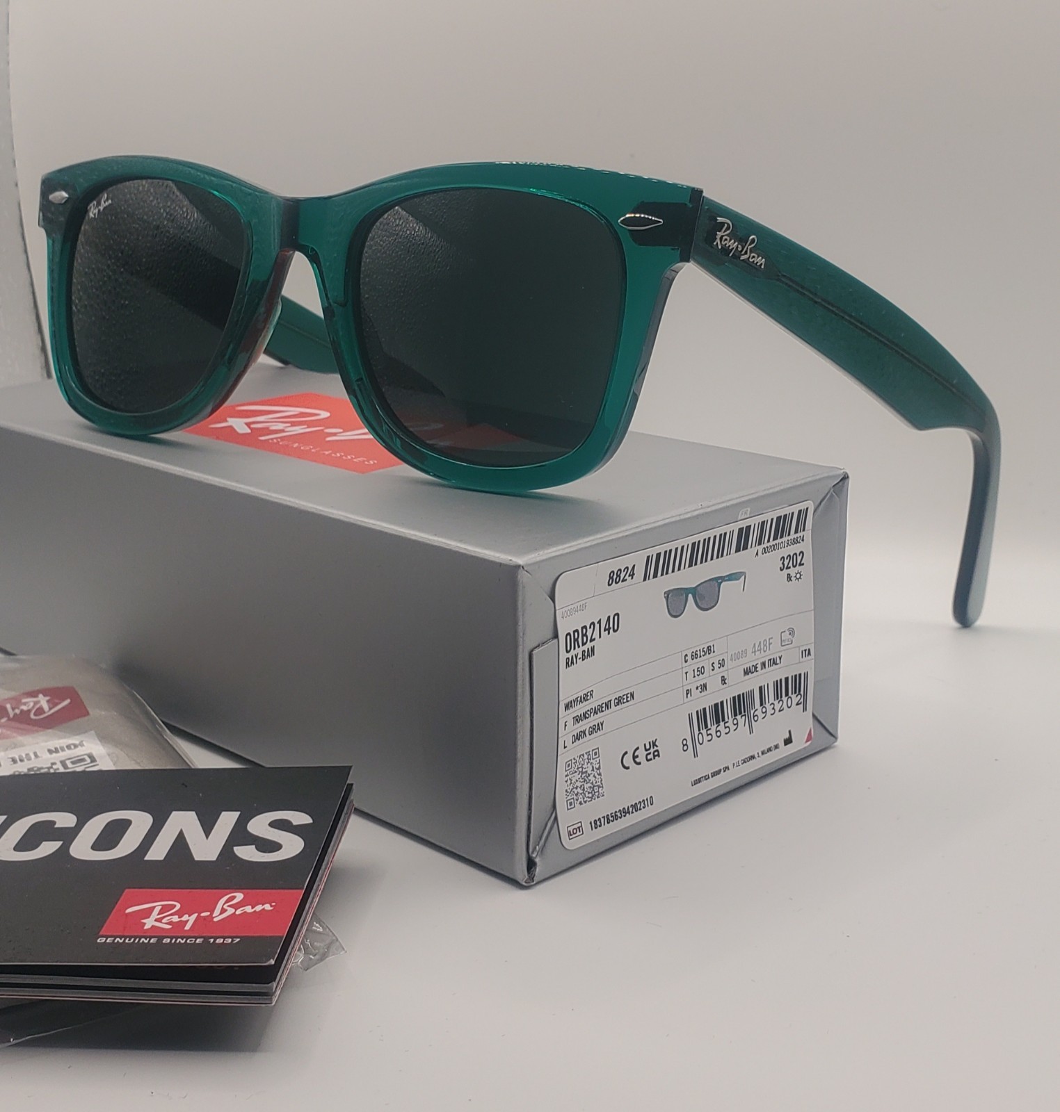 NEW Ray-Ban RB2140 Wayfarer Sunglasses 6615/B1 Green Transparent Dark Grey 50MM