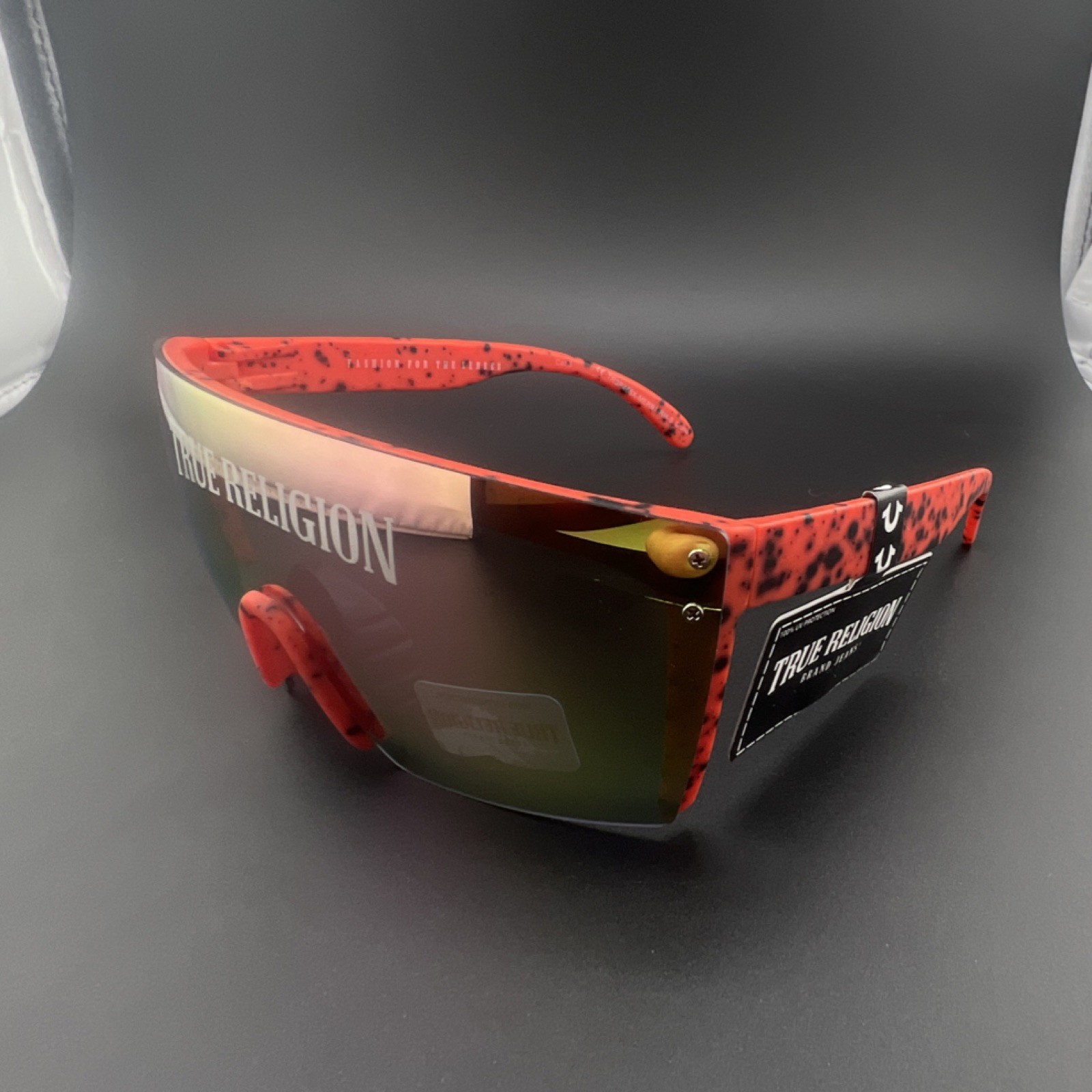 True Religion Red Speckled Oversized Shield Sunglasses Mirrored Multicolor